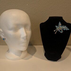 Vintage jewelry set, blue sparkly floral bracelet and earring, costume jewelry